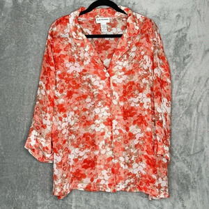 CD Daniels 1X Shirt Top Coral Pink Floral Button Up 3/4 Sleeve V Neck Sheer
